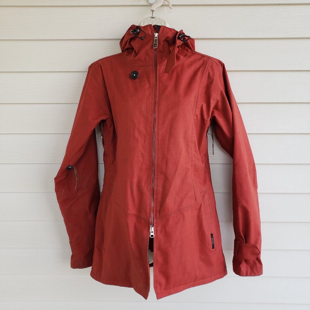 Holden Women's M hooded snowboard jacket in burnt orange / rust color